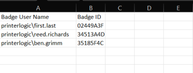 CSV file view with the Badge Username and Badge ID columns with three LDAP users added in the columns.